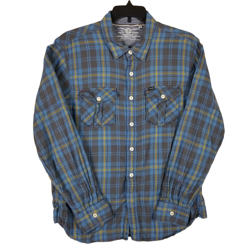 True Grit Flannel Shirt Men XL Blue Grey Plaid Long Sleeve Double Pocket Cotton